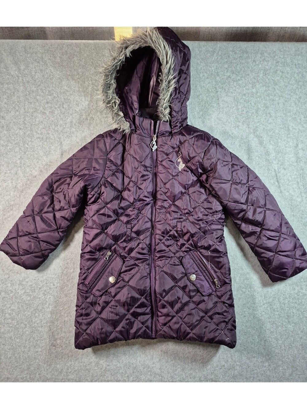 Baby Phat Girls 5/6 Purple Quilted Puffer Coat Faux Fur Hood Y2K Cat Logo